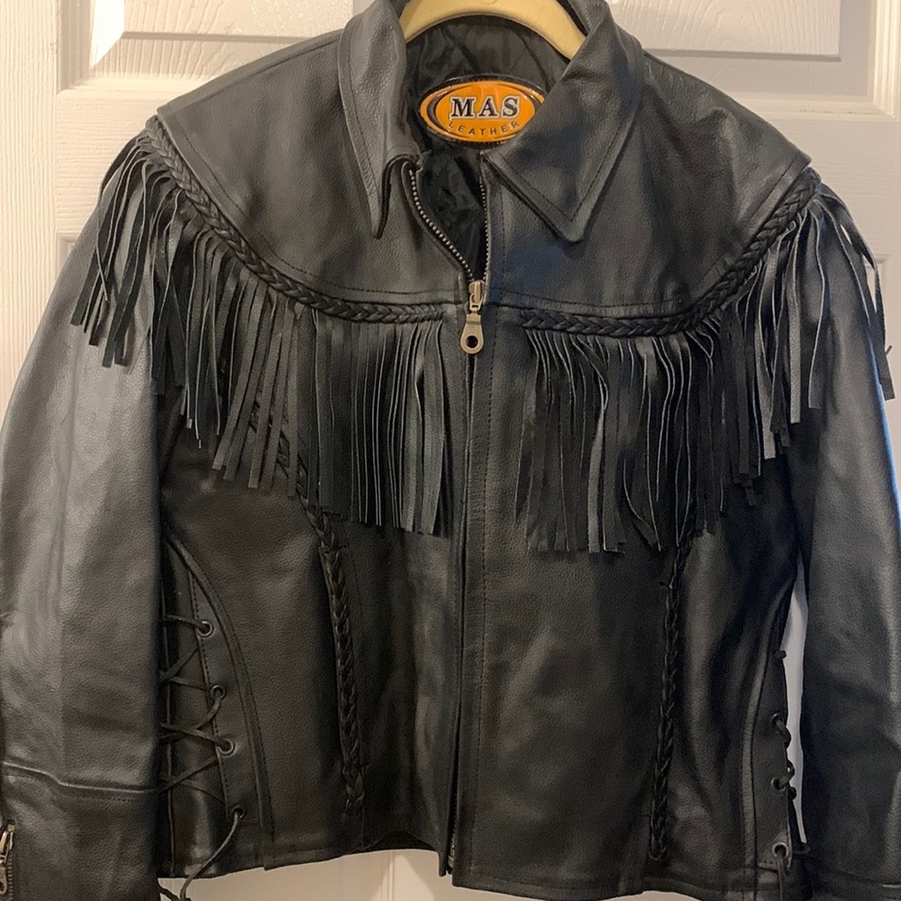 MAS LEATHER BLACK BIKER JACKET WOMANS SZ S:FRINGE/ZIPPERS/BRAIDS HEAVY LINED